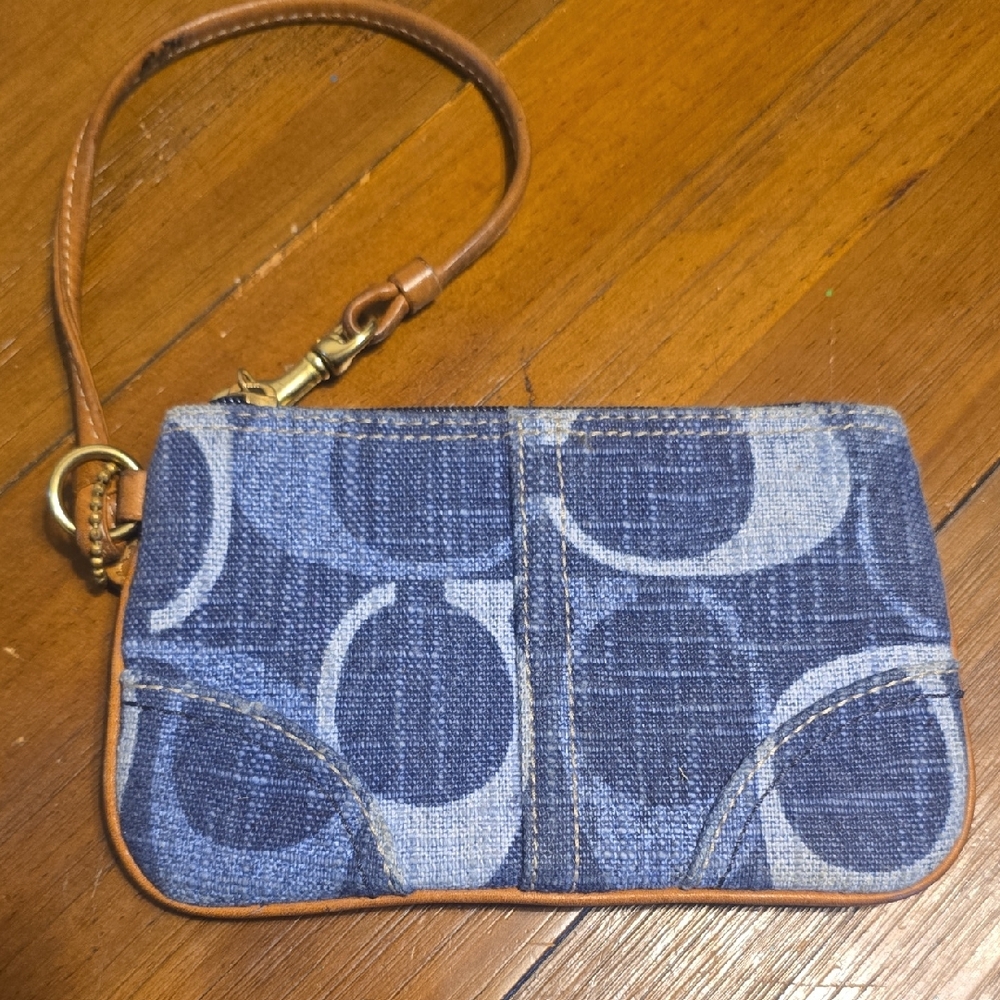 Blue Denim Wristlet with Tan Leather Trim
